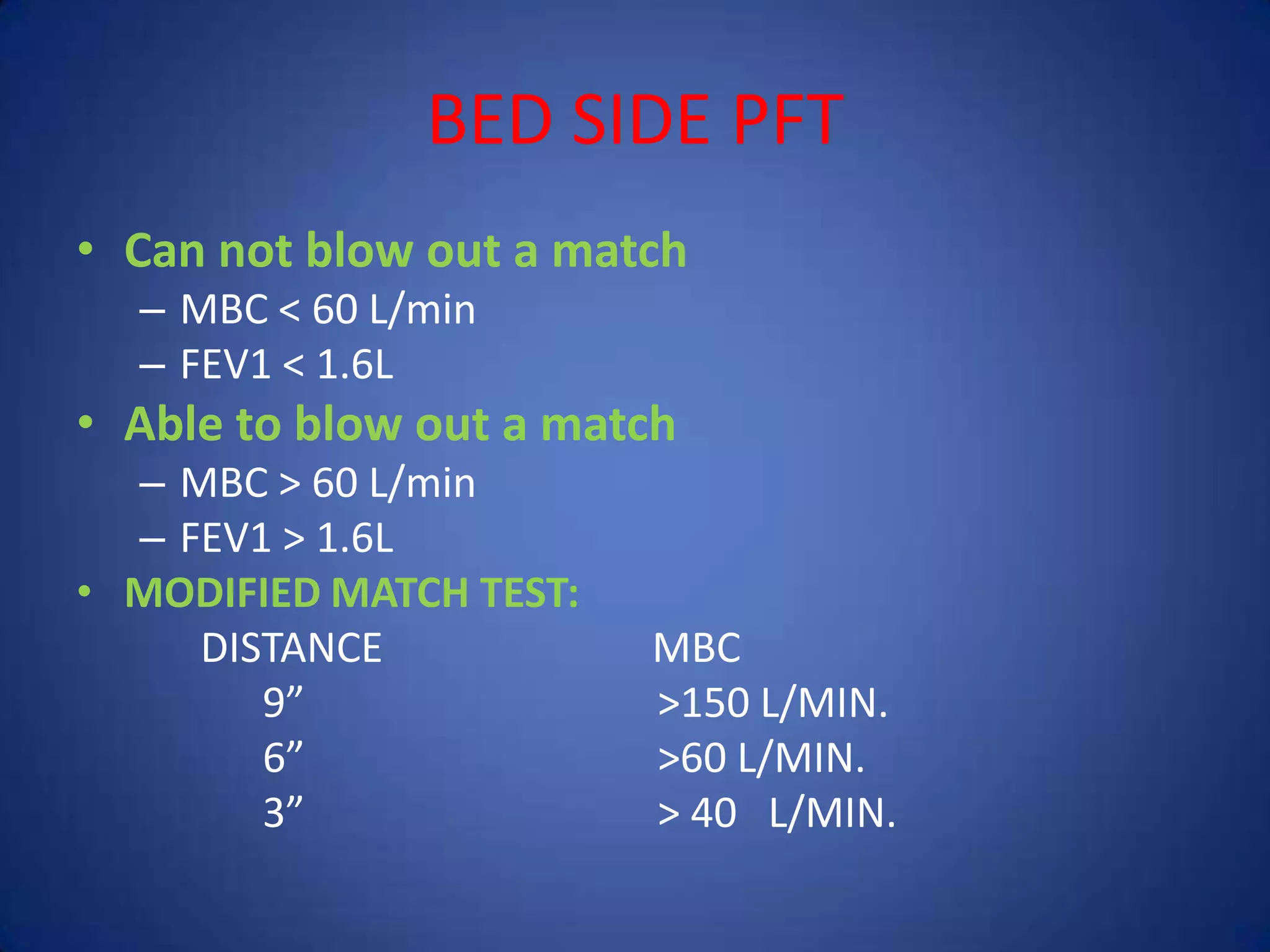 BED SIDE PFT
• Can not blow out a match
– MBC < 60 L/min
– FEV1 < 1.6L
• Able to blow out a match
– MBC > 60 L/min
– FEV1 > 1.6L
• MODIFIED MATCH TEST:
DISTANCE MBC
9” >150 L/MIN.
6” >60 L/MIN.
3” > 40 L/MIN.
 