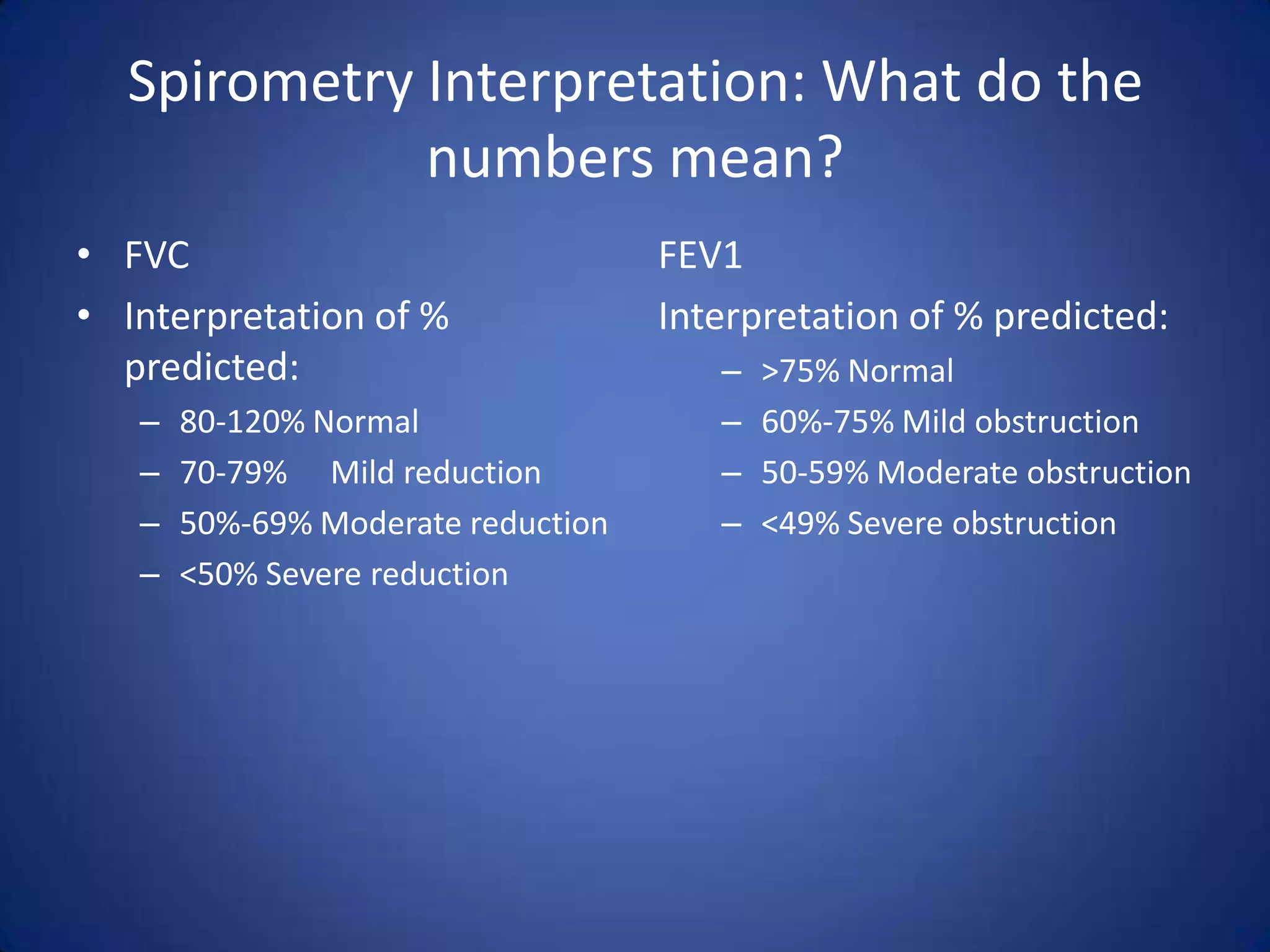 Spirometry Interpretation: What do the
numbers mean?
• FVC
• Interpretation of %
predicted:
– 80-120% Normal
– 70-79% Mild reduction
– 50%-69% Moderate reduction
– <50% Severe reduction
FEV1
Interpretation of % predicted:
– >75% Normal
– 60%-75% Mild obstruction
– 50-59% Moderate obstruction
– <49% Severe obstruction
 
