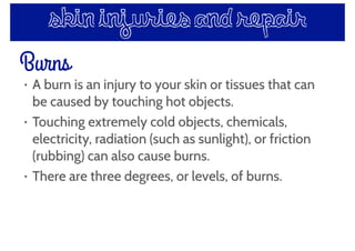 skin injuries and repair
• A burn is an injury to your skin or tissues that can
be caused by touching hot objects.
• Touching extremely cold objects, chemicals,
electricity, radiation (such as sunlight), or friction
(rubbing) can also cause burns.
• There are three degrees, or levels, of burns.
Burns
 