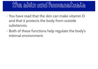 the skin and homeostasis
• You have read that the skin can make vitamin D
and that it protects the body from outside
substances.
• Both of these functions help regulate the body’s
internal environment.
 