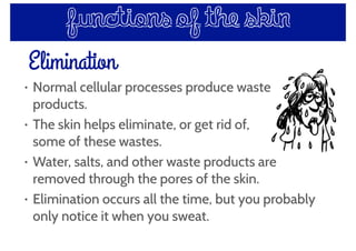 Elimination
• Normal cellular processes produce waste
products.
• The skin helps eliminate, or get rid of,
some of these wastes.
• Water, salts, and other waste products are
removed through the pores of the skin.
• Elimination occurs all the time, but you probably
only notice it when you sweat.
functions of the skin
 