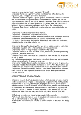 www.somosagel.com6
pagarían a un chofer sin hijos y a uno con 10 hijos?
Empleado: Tiene que soportar regaños, humillaciones, faltas de respeto,
vejaciones, etc., solo para conservar el empleo.
Empleado. Tiene que esperar a que le quieran aumentar el salario. El aumento
real en 25 años de trabajo es mínimo. Al empleado: no importa que tan alto
haya estudiado ni que tan alto sea el puesto que desempeña, siempre tratan de
pagarle lo menos que se puede. Por ganar poco todo tiene que comprarlo a
crédito, y siempre esta endeudado y en crisis. Tener 2 ó más trabajos.
Empleado: Esta siempre esclavizado y no tiene tiempo para cuidar todas sus
áreas.
Empresario: Puede atender a muchos clientes.
Empresario: Gana mucho porque sirve a muchos.
Empresario: Sus ingresos pueden aumentar todos los días. En tiempo de crisis,
los ingresos del empresario aumentan cuando aumentan los precios.
Empresario: Tiene mucho tiempo libre para cuidad las otras áreas de su vida:
ejercicio, familia, diversión, religión, etc.
Empresario: Son dueños de compañías que sirven a consumidores o clientes.
Empleados: "Ayudan" a los empresarios a servir a sus clientes.
Empresario: Poner un negocio solo necesita mucho capital.
Empleado: Necesita muchos estudios, títulos, experiencia, buena apariencia y
juventud. ¿Hasta los 35 años?
El objetivo final de la universidad es conseguir un buen empleo. No te prepara
en las 12 áreas.
Los intelectuales desprecian el comercio. No quieren tener una gran empresa,
quieren ser empleados de una gran empresa.
Empresario: Recibe el dinero de las manos de sus clientes. Vive de ganancias.
Empleado: Recibe el dinero de las manos de su patrón. Vive de un salario fijo.
Está tan fijo que no sube. Las ganancias son mucho mejores que los salarios.
Empresario: Recibe dinero todos los días. Tiene dinero en su bolsillo todos los
días. El inicio es para alguien que tiene mucho dinero. El empleo requiere
muchos estudios.
SER EMPRESARIO DEL MULTINIVEL.
Este es un negocio divertido, que da muchas satisfacciones, ayudas a mucha
gente, haces muchos amigos, se trabaja poco, se gana mucho, no hay estrés,
viajas mucho en el país y al extranjero, te pagan vacaciones, todos los días
tienes dinero en tu bolsillo, siempre andas bien vestido, es una actividad limpia,
recibes mucho reconocimiento, agradecimientos, te hace sentir orgulloso, te
enseña a cambiar, a mejorar todas las áreas de tu vida, desarrollas muchas
habilidades, aprendes muchas cosas, te haces una persona de éxito, etc.
El Multinivel es mejor que ejercer una profesión independiente.
Profesional: Necesita muchos años de estudios universitarios, especialización,
etc. El entrenamiento es muy largo y costoso.
Multinivel: No necesita ningún estudio. El entrenamiento es de uno ó dos días y
barato.
 