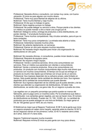 www.somosagel.com 7
Profesional: Necesita oficina o consultorio, con rentas muy caras, con buena
ubicación. El inicio es para alguien con mucho dinero.
Profesional: Tiene muy poca libertad de alejarse de su oficina.
Multinivel: Tiene mucha libertad y viaja mucho.
Profesional: El día que no trabaja no gana.
Multinivel: Gana regalías aunque no trabaje.
Profesional: No puede delegar su servicio a otros. Porque pierde a los clientes.
Un médico no puede mandar a otro a hacer una cirugía por él.
Multinivel: Delega la venta y entrega de productos a otros distribuidores, sin
perder clientes. Y el producto funciona igual.
Profesional: Tiene muchos competidores. Hay círculos cerrados, para el que no
tiene contactos.
Multinivel: Tiene muy poca competencia. La entrada esta abierta a todos.
Profesional: Aclientarse necesita muchos años.
Multinivel: Se aclienta rápidamente, en semanas.
Profesional: Ejercer en otro país requiere muchos requisitos.
Multinivel: No necesita ningún requisito para iniciar una organización de
distribuidores en otro país.
Multinivel: No necesita oficinas, ni consultorios, puedes iniciar desde tu casa.
Profesional: Requiere de equipos caros.
Multinivel: No requiere ningún equipo.
Profesional: Vende o comercia servicios. Sirve a los consumidores con
servicios. Para un médico sus pacientes son clientes o consumidores.
Multinivel: Vende o comercia productos. Sirve a los consumidores con
productos. Un producto con muchos consumidores deja mucho más dinero que
un servicio con muchos consumidores. El tiempo con la que se entrega un
producto es mucho más rápido que el tiempo con el que se da un servicio.
Profesional: Sus ingresos dependen de su esfuerzo propio, esta limitado en
tiempo. Solo puede atender cierta cantidad de clientes por hora. Sus ingresos
dependen de la cantidad de consumidores que puede atender.
Multinivel: Sus ingresos dependen de los clientes que él puede atender y de los
clientes que atienden su organización de distribuidores. Al haber más
distribuidores, se vende más y se gana más. Es un negocio a prueba de crisis.
Las regalías son un pequeño porcentaje que podría quedar en manos del
fabricante, pero lo paga como un incentivo extra. Por la enseñanza que diste a
tu distribuidor. Los cantantes ganan regalías, por eso se hacen ricos. El número
de distribuidores es ilimitado. Pueden ser 10, 100, 10,000, etc. La cantidad de
productos que se puede entregar en una hora es ilimitada. Es mejor ganar el
5% de 100 gentes que el 100% de uno mismo.
El Multinivel es mejor que el Negocio Tradicional. El 98 % de la gente que inicia
un negocio empieza sin saber como hacerlo, aprende sobre la marcha. El 50 %
de los negocios cierran en los primeros 3 años. El 45 % restante cierra antes
de 5 años. Solo el 5 % tiene éxito.
Negocio Tradicional requiere mucha inversión
Multinivel: Requiere mínima El inicio es para gente con muy poco dinero.
 