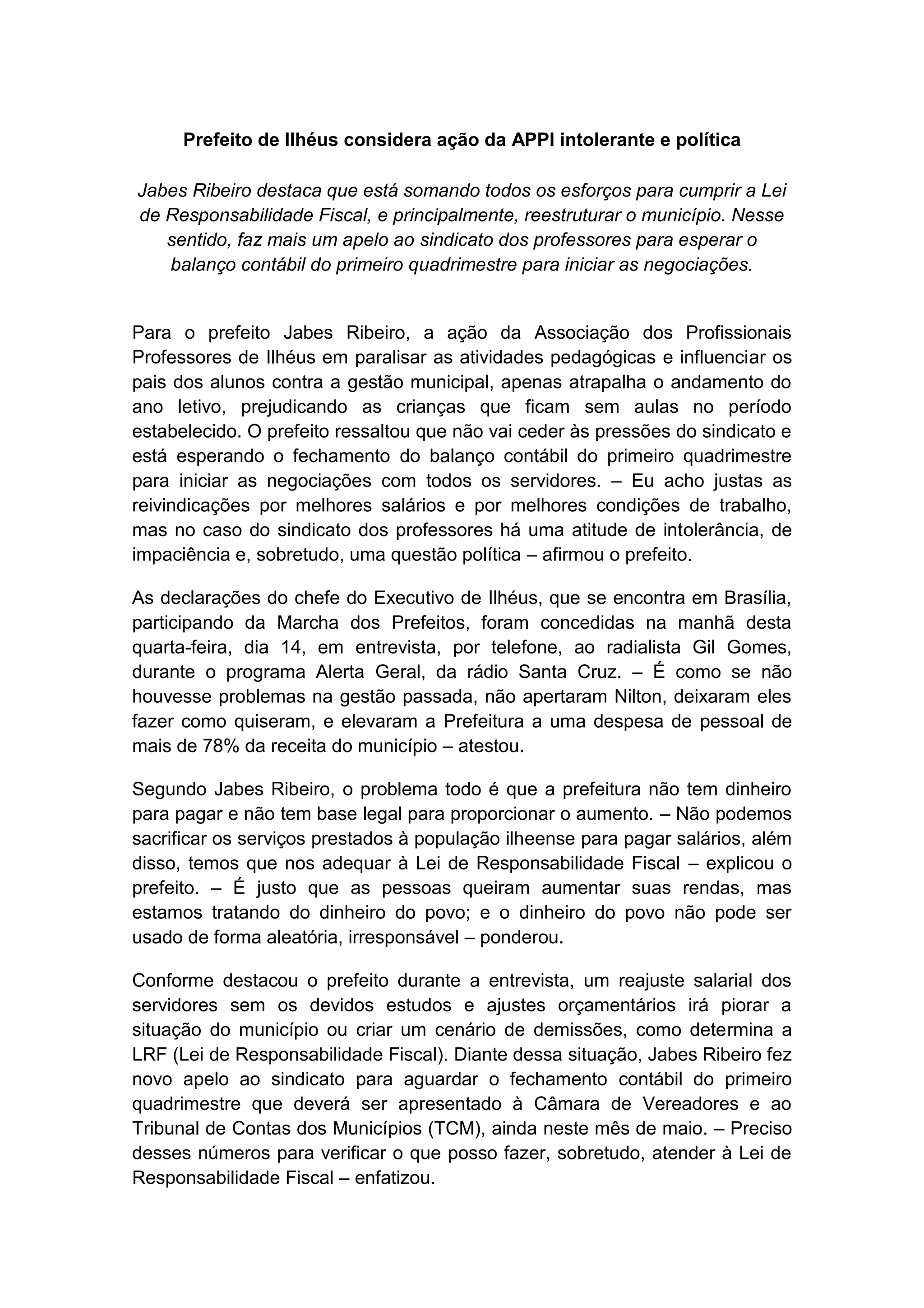 14.05.14.prefeito de ilhéus considera ação da appi intolerante e ...