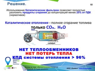 02
Доклад на тему «Каталитическое отопление
помещений. В 4 раза дешевле» ООО «ЭкоКат». www.EcoCat.Biz
Использование Каталитических фильтров позволяет полностью
разложить продукты сгорания до концентраций менее 25% от ПДК
(нормативов)
Решение.
Каталитическое отопление - полное сгорание топлива
только СО2, Н2O
НЕТ ТЕПЛООБМЕННИКОВ
НЕТ ПОТЕРЬ ТЕПЛА
КПД системы отопления > 96%
 