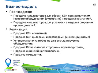 02
Доклад на тему «Каталитическое отопление
помещений. В 4 раза дешевле» ООО «ЭкоКат». www.EcoCat.Biz
Бизнес-модель
• Производство:
– Передача катализаторов для сборки КВН производителям
газового оборудования (аутсорсинг) и продажа компанией,
– Передача катализаторов для установки в изделия сторонних
производителей.
• Реализация:
– Продажа КВН компанией,
– Продажа КВН дилерами и партнерами (инжиниринговые)
– Установка катализаторов на уже эксплуатируемое
оборудование,
– Продажа Катализаторов сторонним производителям,
– Продажа лицензий на технологию,
– Продажа технологии.
 