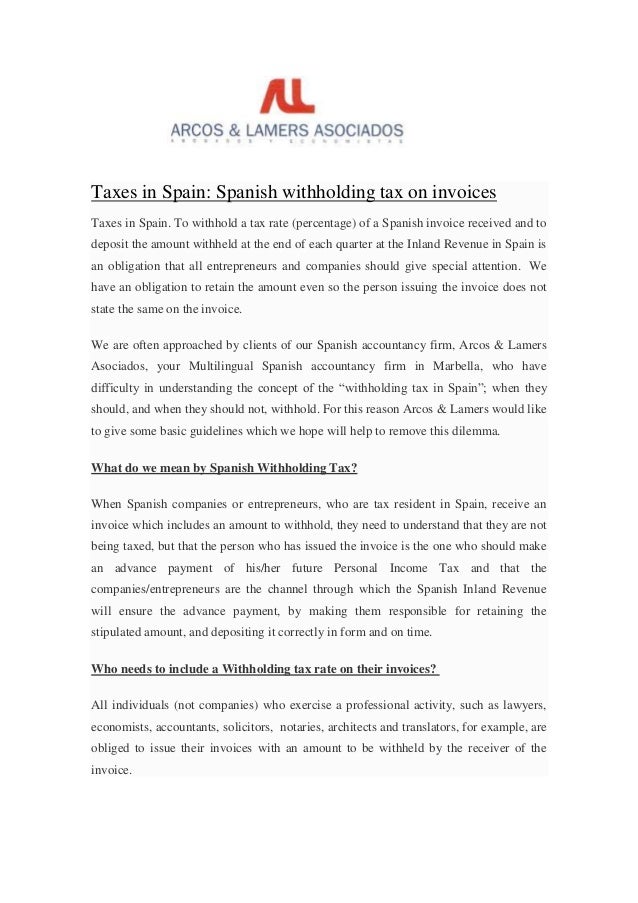 Taxes in spain, spanish withholding tax on invoices