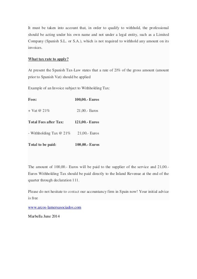 Taxes in spain, spanish withholding tax on invoices
