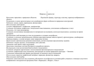 2
Природа и творчество
3
Выполнять зарисовки с природных объектов. Передавать форму, структуру, пластику, характер изображаемого
объекта.
Раскрывать в эскизе архитектурных или дизайнерских форм особенности природных конструкций.
Работать тушью, пером, карандашом, фломастером.
Обосновывать свой проект.
Усвоить информацию о диафильме, диапроекторе.
Создавать несложные диафильмы с визуальным повествованием, сочетающим изображение и текст.
Понимать, что такое раскадровка.
Создавать коллективные видеофильмы по материалам исследования, используя видеозаписи, сделанные во время
экскурсии.
Выстраивать свой видеоряд по теме исследования и создавать видеофильм
Создавать и детально прорабатывать объёмно-пространственные макеты (проект): архитектурные, дизайнерские
объёмные формы, в основе которых лежат природные мотивы.
Придумывать оригинальные решения композиции, соответствующие предлагаемому заданию.
Работать в малых группах, согласовывать свои действия.
Защищать свой проект перед аудиторией.
Применять поисковые системы Интернета в разработке проекта.
Выстраивать план коллективной фотосъёмки и видеозаписи.
Создавать авторские презентации с использованием фотоматериалов и видеозаписей
Создавать графический эскиз механизма, конструкции на основе природной структуры — бионики.
Учитывать взаимодействие формы конструкции, её внешнего вида и назначения.
Использовать грамотно графический материал: карандаш, фломастер, акварель.
Обосновывать свой выбор.
Работать самостоятельно над созданием собственного мультфильма по мотивам работ учащихся с помощью силуэтного
изображения и инструментов программы Paint: «Карандаш», «Ведро», «Текст»
 