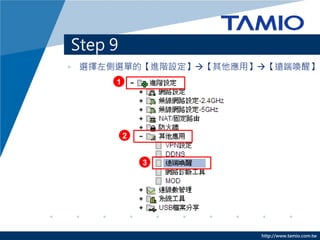 http://www.tamio.com.tw
Step 9
• 選擇左側選單的【進階設定】【其他應用】【遠端喚醒】
1
2
3
 
