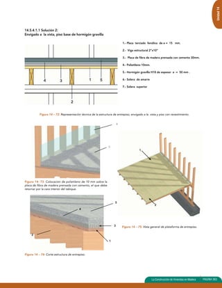Unidad 14 
La Construcción de de Viviendas Vivienda en Madera PAGINA 363 
135 
14.5.4.1.1 Solución 2: 
Envigado a la vista, piso base de hormigón gravilla 
1.- Placa terciado fenólico de e = 15 mm. 
2.- Viga estructural 2”x10” 
3.- Placa de fibra de madera prensada con cemento 30mm. 
4.- Polietileno 10mm. 
5.- Hormigón gravilla H18 de espesor e = 50 mm . 
6.- Solera de amarre 
7.- Solera superior 
Figura 14 – 72: Representación técnica de la estructura de entrepiso, envigado a la vista y piso con revestimiento. 
4 
5 
Figura 14- 73: Colocación de polietileno de 10 mm sobre la 
placa de fibra de madera prensada con cemento, el que debe 
retornar por la cara interior del tabique. 
Figura 14 – 74: Corte estructura de entrepiso. 
1 
5 
4 
3 
2 
1 
2 
Figura 14 – 75: Vista general de plataforma de entrepiso. 
 