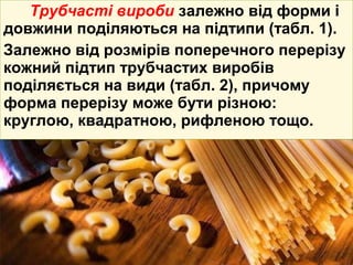 Трубчасті вироби залежно від форми і 
довжини поділяються на підтипи (табл. 1). 
Залежно від розмірів поперечного перерізу 
кожний підтип трубчастих виробів 
поділяється на види (табл. 2), причому 
форма перерізу може бути різною: 
круглою, квадратною, рифленою тощо. 
 