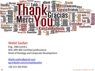 Walid Saafan 
Eng., DBA (cand.), 
SFO, XPP, BSC Certified professional 
Head of Strategy and Corporate Development 
Walid.saafan@gmail.com 
eg.linkedin.com/in/walidsaafan 
+20 111 333 4161 
AUC_MC_Wh 14 at is STRATEGY?_Oct., 2014 
 