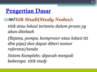 Pengertian Dasar
Titik Studi(Study Nodes):
titik atau lokasi tertentu dalam proses yg
akan ditelaah
(Bejana, pompa, kompresor atau lokasi ttt
dlm pipa) dan dapat diberi nomor
referensi/tanda
Sistem Kompleks: dipecah menjadi
beberapa titik study
11
 