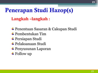 Penerapan Studi Hazop(s)
Langkah –langkah :
Penentuan Sasaran & Cakupan Studi
Pembentukan Tim
Persiapan Studi
Pelaksanaan Studi
Penyusunan Laporan
Follow up
23
23
 