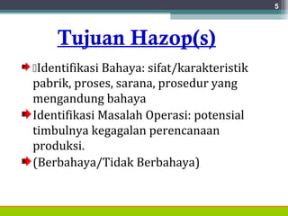 Tujuan Hazop(s)
Identifikasi Bahaya: sifat/karakteristik
pabrik, proses, sarana, prosedur yang
mengandung bahaya
Identifikasi Masalah Operasi: potensial
timbulnya kegagalan perencanaan
produksi.
(Berbahaya/Tidak Berbahaya)
5
 