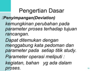 13 
Pengertian Dasar 
Penyimpangan(Deviation) 
kemungkinan perubahan pada 
parameter proses terhadap tujuan 
rancangan. 
Dapat ditemukan dengan 
menggabung kata pedoman dan 
parameter pada setiap titik study. 
Parameter operasi meliputi : 
kegiatan, bahan yg ada dalam 
proses. 
 