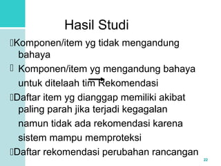 22 
Hasil Studi 
Komponen/item yg tidak mengandung 
bahaya 
 Komponen/item yg mengandung bahaya 
untuk ditelaah tim Rekomendasi 
Daftar item yg dianggap memiliki akibat 
paling parah jika terjadi kegagalan 
namun tidak ada rekomendasi karena 
sistem mampu memproteksi 
Daftar rekomendasi perubahan rancangan 
 