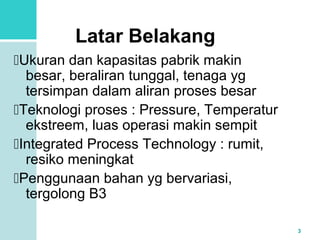 3 
Latar Belakang 
Ukuran dan kapasitas pabrik makin 
besar, beraliran tunggal, tenaga yg 
tersimpan dalam aliran proses besar 
Teknologi proses : Pressure, Temperatur 
ekstreem, luas operasi makin sempit 
Integrated Process Technology : rumit, 
resiko meningkat 
Penggunaan bahan yg bervariasi, 
tergolong B3 
 