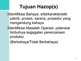 5 
Tujuan Hazop(s) 
Identifikasi Bahaya: sifat/karakteristik 
pabrik, proses, sarana, prosedur yang 
mengandung bahaya 
Identifikasi Masalah Operasi: potensial 
timbulnya kegagalan perencanaan 
produksi. 
(Berbahaya/Tidak Berbahaya) 
 