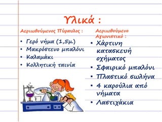 Υλικά : 
Αεριωθούμενος Πύραυλος : Αεριωθούμενο 
• Χάρτινη 
κατασκευή 
οχήματος 
• Σφαιρικό μπαλόνι 
• Πλαστικό σωλήνα 
• 4 καρούλια από 
νήματα 
• Λαστιχάκια 
• Γερό νήμα (1,5μ.) 
• Μακρόστενο μπαλόνι 
• Καλαμάκι 
• Κολλητική ταινία 
Αγωνιστικό : 
 