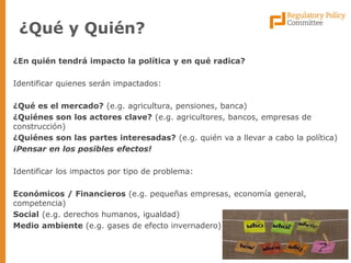 ¿En quién tendrá impacto la política y en qué radica? 
Identificar quienes serán impactados: 
¿Qué es el mercado? (e.g. agricultura, pensiones, banca) 
¿Quiénes son los actores clave? (e.g. agricultores, bancos, empresas de construcción) 
¿Quiénes son las partes interesadas? (e.g. quién va a llevar a cabo la política) 
¡Pensar en los posibles efectos! 
Identificar los impactos por tipo de problema: 
Económicos / Financieros (e.g. pequeñas empresas, economía general, competencia) 
Social (e.g. derechos humanos, igualdad) 
Medio ambiente (e.g. gases de efecto invernadero) 
¿Qué y Quién?  
