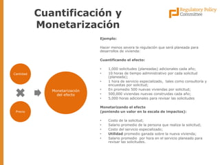 Ejemplo: 
Hacer menos severa la regulación que será planeada para desarrollos de vivienda: 
Cuantificando el efecto: 
•1,000 solicitudes (planeadas) adicionales cada año; 
•10 horas de tiempo administrativo por cada solicitud (planeada); 
•1 hora de servicio especializado, tales como consultoría y encuestas por solicitud; 
•En promedio 500 nuevas viviendas por solicitud; 
•500,000 viviendas nuevas construidas cada año; 
•5,000 horas adicionales para revisar las solicitudes 
Monetarizando el efecto 
(poniendo un valor en la escala de impactos): 
•Costo de la solicitud; 
•Salario promedio de la persona que realiza la solicitud; 
•Costo del servicio especializado; 
•Utilidad promedio ganada sobre la nueva vivienda; 
•Salario promedio por hora en el servicio planeado para revisar las solicitudes. 
Cuantificación y Monetarización 
Cantidad 
Precio 
Monetarización del efecto  