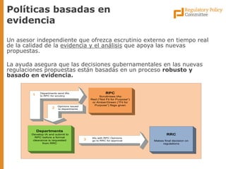 Un asesor independiente que ofrezca escrutinio externo en tiempo real de la calidad de la evidencia y el análisis que apoya las nuevas propuestas. 
La ayuda asegura que las decisiones gubernamentales en las nuevas regulaciones propuestas están basadas en un proceso robusto y basado en evidencia. 
Políticas basadas en evidencia 
Departments send IAs to RPC for scrutiny IAs with RPC Opinions go to RRC for approval13 Opinions issued to departments2Departments Develop IA and submit to RPC before a formal clearance is requested from RRCRRCMakes final decision on regulationsRPC Scrutinises IAs: Red (“Not Fit for Purpose”) or Amber/Green (“Fit for Purpose”) flags given  
