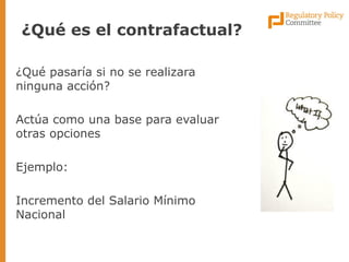 ¿Qué pasaría si no se realizara ninguna acción? 
Actúa como una base para evaluar otras opciones 
Ejemplo: 
Incremento del Salario Mínimo Nacional 
¿Qué es el contrafactual?  