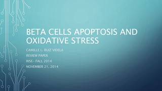 BETA CELLS APOPTOSIS AND 
OXIDATIVE STRESS 
CAMILLE L. RUIZ VIDELA 
REVIEW PAPER 
RISE- FALL 2014 
NOVEMBER 21, 2014 
 
