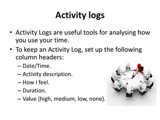 Activity logs
• Activity Logs are useful tools for analysing how
you use your time.
• To keep an Activity Log, set up the following
column headers:
– Date/Time.
– Activity description.
– How I feel.
– Duration.
– Value (high, medium, low, none).
 