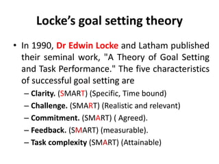 Locke’s goal setting theory
• In 1990, Dr Edwin Locke and Latham published
their seminal work, "A Theory of Goal Setting
and Task Performance." The five characteristics
of successful goal setting are
– Clarity. (SMART) (Specific, Time bound)
– Challenge. (SMART) (Realistic and relevant)
– Commitment. (SMART) ( Agreed).
– Feedback. (SMART) (measurable).
– Task complexity (SMART) (Attainable)
 