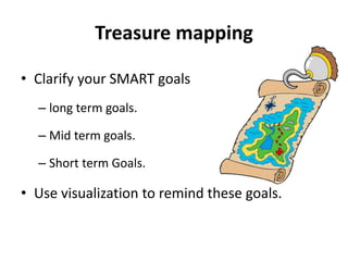 Treasure mapping
• Clarify your SMART goals
– long term goals.
– Mid term goals.
– Short term Goals.
• Use visualization to remind these goals.
 