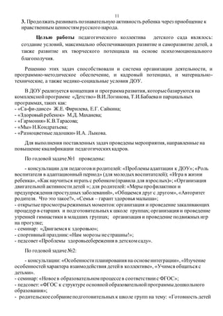 11
3. Продолжать развивать познавательную активность ребенка через приобщение к
нравственным ценностям русского народа.
Целью работы педагогического коллектива детского сада являлось:
создание условий, максимально обеспечивающих развитие и саморазвитие детей, а
также развитие их творческого потенциала на основе психоэмоционального
благополучия.
Решению этих задач способствовали и система организации деятельности, и
программно-методическое обеспечение, и кадровый потенциал, и материально-
технические, а также медико-социальные условия ДОУ.
В ДОУ реализуется концепция и программаразвития, которыебазируются на
комплекснойпрограмме «Детство» В.И.Логинова, Т.И.Бабаеваи парциальных
программах, таких как:
- «Са-фи-дансе» Ж.Е. Фирилева, Е.Г. Сайкина;
- «Здоровыйребенок» М.Д. Маханева;
- «Гармония» К.В.Тарасова;
- «Мы» Н.Кондратьева;
- «Разноцветныеладошки» И.А. Лыкова.
Для выполнения поставленных задач проведены мероприятия, направленные на
повышение квалификации педагогическихкадров.
По годовойзадаче№1 проведены:
- консультации для педагогов и родителей: «Проблемы адаптации к ДОУ»;«Роль
воспитателя в адаптационный период» (для молодыхвоспитателей); «Игра в жизни
ребенка», «Как научиться играть с ребенком (правила для взрослых)»;«Организация
двигательной активностидетей »; для родителей: «Меры профилактики и
предупреждения простудныхзаболеваний», «Общаемся друг с другом», «Авторитет
родителя. Что это такое?», «Семья – гарант здоровья малыша»;
- открытыепросмотрырежимныхмоментов:организация и проведение закаливающих
процедур в старших и подготовительныхк школе группах; организация и проведение
утренней гимнастики в младших группах; организация и проведение подвижныхигр
на прогулке;
- семинар: «Двигаемся к здоровью»;
- спортивныйпраздник:«Нам морозы нестрашны!»;
- педсовет«Проблемы здоровьесбережения в детском саду».
По годовойзадаче№2:
- консультации: «Особенностипланирования на основеинтеграции», «Изучение
особенностей характера взаимодействия детейв коллективе», «Учимся общаться с
детьми».
- семинар: «Новоев образовательном процессев соответствиис ФГОС»;
- педсовет:«ФГОС к структуре основнойобразовательнойпрограммыдошкольного
образования»;
- родительскоесобраниеподготовительныхк школе групп на тему: «Готовность детей
 