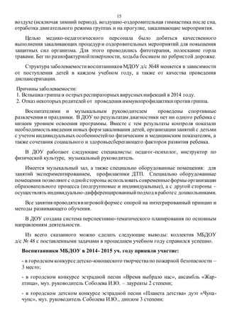 15
воздухе (исключая зимний период), воздушно-оздоровительная гимнастика после сна,
отработка двигательного режима группах и на прогулке, закаливающие мероприятия.
Целью медико-педагогического персонала было добиться качественного
выполнения закаливающих процедур и оздоровительных мероприятий для повышения
защитных сил организма. Для этого проводились фитотерапия, полоскание горла
травами. Бег по разнофактурнойповерхности, ходьба босиком по ребристой дорожке.
Структура заболеваемостивоспитанников МДОУ д/с №48 меняется в зависимости
от поступления детей в каждом учебном году, а также от качества проведения
диспансеризации.
Причины заболеваемости:
1. Вспышка гриппа и острыхреспираторныхвирусныхинфекций в 2014 году.
2. Отказ некоторыхродителей от проведения иммунопрофилактикипротив гриппа.
Воспитателями и музыкальным руководителем проведены спортивные
развлечения и праздники. В ДОУ по результатам диагностики нет ни одного ребенка с
низким уровнем освоения программы. Вместе с тем результаты контроля показали
необходимостьвведения новых форм закаливания детей, организациизанятий с детьми
с учетом индивидуальных особенностейпо физическим и медицинским показателям, а
также сочетания социального и здоровьесберегающего факторов развития ребенка.
В ДОУ работают следующие специалисты: педагог-психолог, инструктор по
физической культуре, музыкальный руководитель.
Имеется музыкальный зал, а также специально оборудованные помещения: для
занятий экспериментированием, профилактики ДТП. Специально оборудованные
помещения позволяютс однойстороны использовать современныеформы организации
образовательного процесса (подгрупповые и индивидуальные), а с другой стороны –
осуществлять индивидуально-дифференцированныйподход в работес дошкольниками.
Все занятия проводятсяв игровойформес опорой на интегрированный принцип и
методы развивающего обучения.
В ДОУ создана система перспективно-тематического планирования по основным
направлениям деятельности.
Из всего сказанного можно сделать следующие выводы: коллектив МБДОУ
д/с № 48 с поставленными задачами в прошедшем учебном году справился успешно.
Воспитанники МБДОУ в 2014- 2015 уч. году приняли участие:
- в городском конкурседетско-юношеского творчествапо пожарной безопасности –
3 место;
- в городском конкурсе эстрадной песни «Время выбрало нас», ансамбль «Жар-
птица», муз. руководитель Соболева И.Ю. – лауреаты 2 степени;
- в городском детском конкурсе эстрадной песни «Планета детства» дуэт «Чупа-
чупс», муз. руководитель Соболева И.Ю., диплом 3 степени;
 