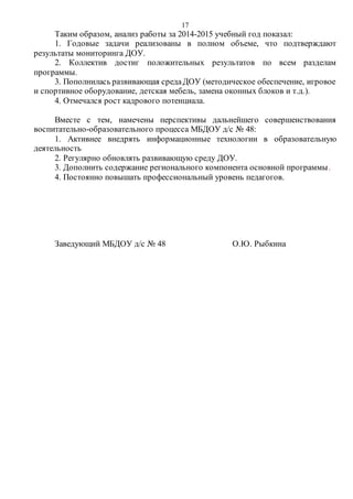 17
Таким образом, анализ работы за 2014-2015 учебный год показал:
1. Годовые задачи реализованы в полном объеме, что подтверждают
результаты мониторинга ДОУ.
2. Коллектив достиг положительных результатов по всем разделам
программы.
3. Пополнилась развивающая средаДОУ (методическое обеспечение, игровое
и спортивное оборудование, детская мебель, замена оконных блоков и т.д.).
4. Отмечался рост кадрового потенциала.
Вместе с тем, намечены перспективы дальнейшего совершенствования
воспитательно-образовательного процесса МБДОУ д/с № 48:
1. Активнее внедрять информационные технологии в образовательную
деятельность
2. Регулярно обновлять развивающую среду ДОУ.
3. Дополнить содержание регионального компонента основной программы.
4. Постоянно повышать профессиональный уровень педагогов.
Заведующий МБДОУ д/с № 48 О.Ю. Рыбкина
 