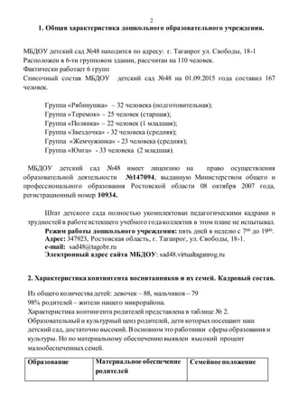 2
1. Общая характеристика дошкольного образовательного учреждения.
МБДОУ детский сад №48 находится по адресу: г. Таганрог ул. Свободы, 18-1
Расположен в 6-ти групповом здании, рассчитан на 110 человек.
Фактически работает 6 групп
Списочный состав МБДОУ детский сад №48 на 01.09.2015 года составил 167
человек.
Группа «Рябинушка» – 32 человека (подготовительная);
Группа «Теремок» – 25 человек (старшая);
Группа «Полянка» – 22 человек (1 младшая);
Группа «Звездочка» - 32 человека (средняя);
Группа «Жемчужинка» - 23 человека (средняя);
Группа «Юнга» - 33 человека (2 младшая).
МБДОУ детский сад №48 имеет лицензию на право осуществления
образовательной деятельности №147094, выданную Министерством общего и
профессионального образования Ростовской области 08 октября 2007 года,
регистрационный номер 10934.
Штат детского сада полностью укомплектован педагогическими кадрами и
трудностейв работеистекшего учебного годаколлектив в этом плане не испытывал.
Режим работы дошкольного учреждения: пять дней в неделю с 700 до 1900.
Адрес: 347923, Ростовская область, г. Таганрог, ул. Свободы, 18-1.
e-mail: sad48@tagobr.ru
Электронный адрес сайта МБДОУ: sad48.virtualtaganrog.ru
2. Характеристика контингента воспитанников и их семей. Кадровый состав.
Из общего количествадетей: девочек – 88, мальчиков – 79
98% родителей – жители нашего микрорайона.
Характеристика контингента родителей представлена в таблице № 2.
Образовательныйи культурный ценз родителей, дети которыхпосещают наш
детский сад, достаточно высокий. Восновном это работники сферы образования и
культуры. Но по материальному обеспечениювыявлен высокий процент
малообеспеченныхсемей.
Образование Материальное обеспечение
родителей
Семейноеположение
 