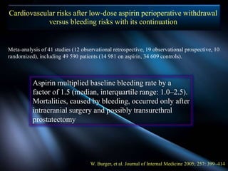 Aspirin multiplied baseline bleeding rate by a
factor of 1.5 (median, interquartile range: 1.0–2.5).
Mortalities, caused by bleeding, occurred only after
intracranial surgery and possibly transurethral
prostatectomy
Meta-analysis of 41 studies (12 observational retrospective, 19 observational prospective, 10
randomized), including 49 590 patients (14 981 on aspirin, 34 609 controls).
W. Burger, et al. Journal of Internal Medicine 2005; 257: 399–414
Cardiovascular risks after low-dose aspirin perioperative withdrawal
versus bleeding risks with its continuation
 