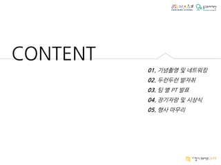 CONTENT
01. 기념촬영 및 네트워킹
02. 두런두런 발자취
03. 팀 별 PT 발표
04. 장기자랑 및 시상식
05. 행사 마무리
 