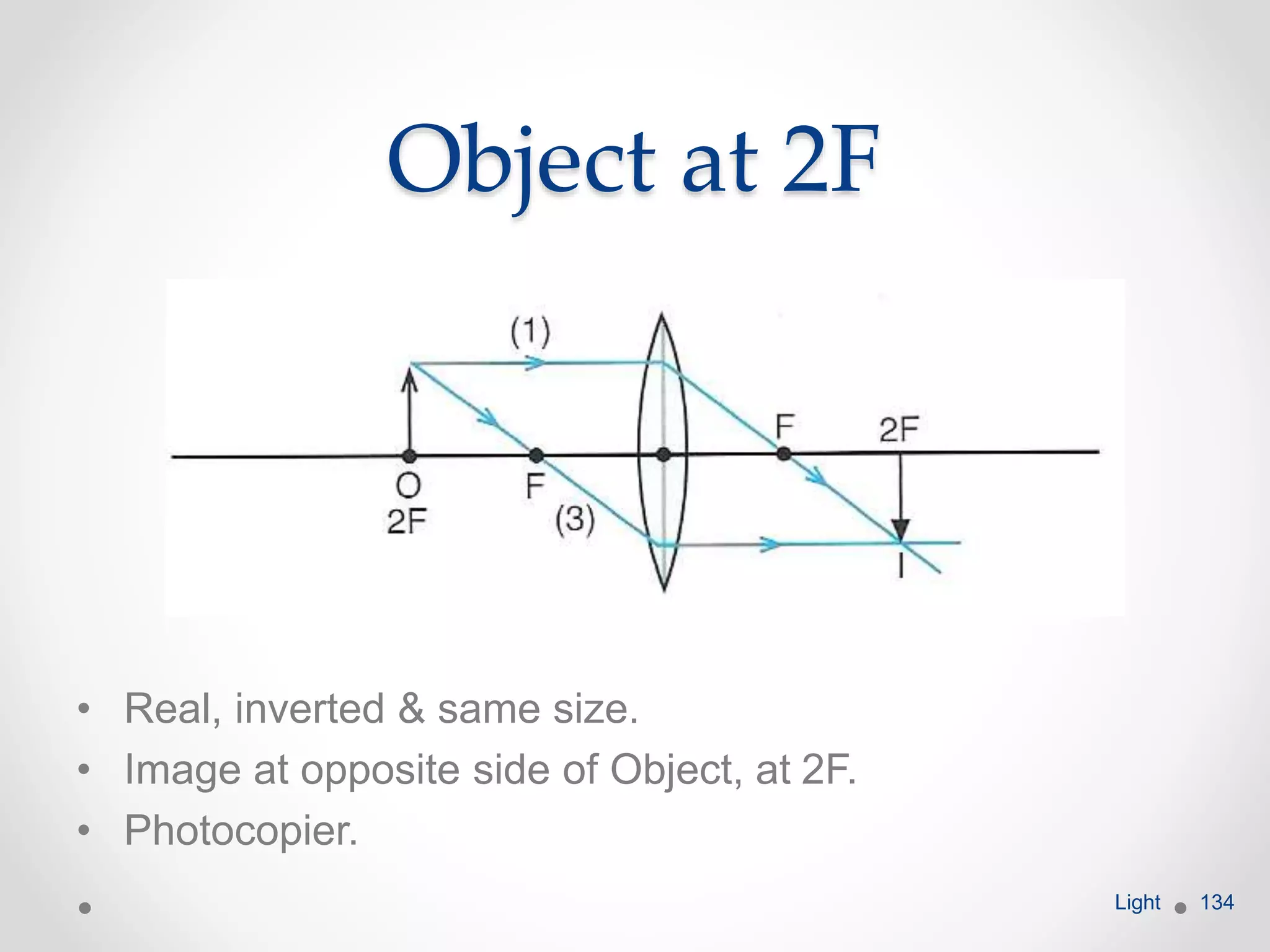 Object at 2F
• Real, inverted & same size.
• Image at opposite side of Object, at 2F.
• Photocopier.
Light 134
 