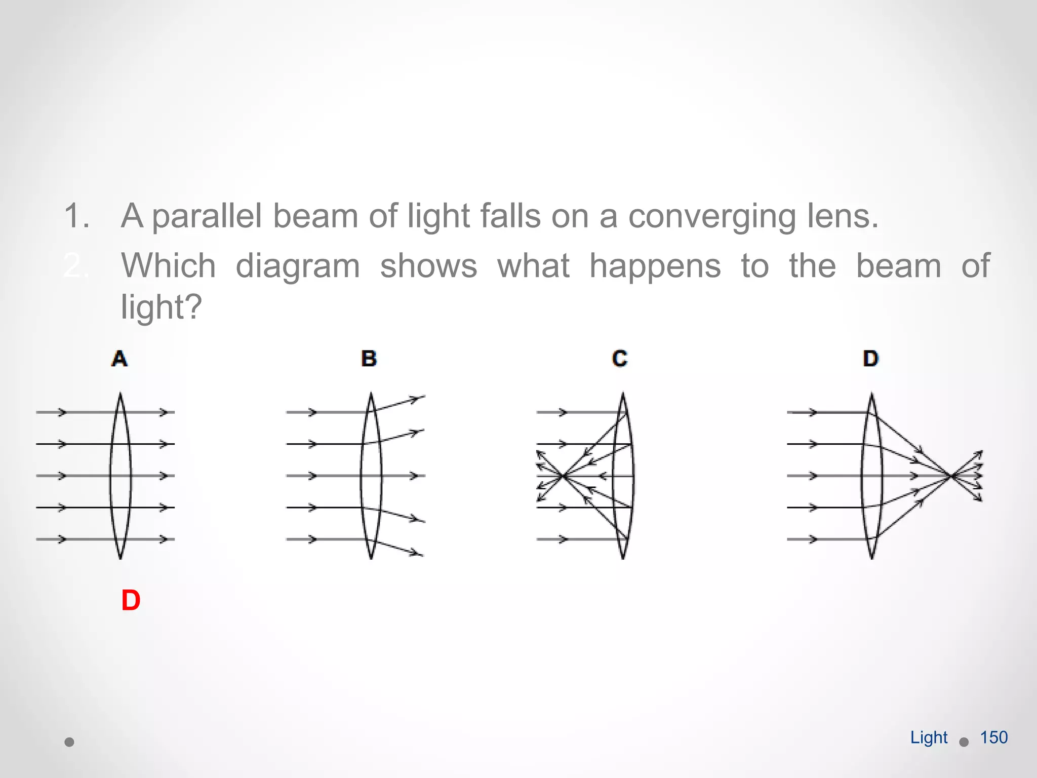 1. A parallel beam of light falls on a converging lens.
2. Which diagram shows what happens to the beam of
light?
Light 150
D
 