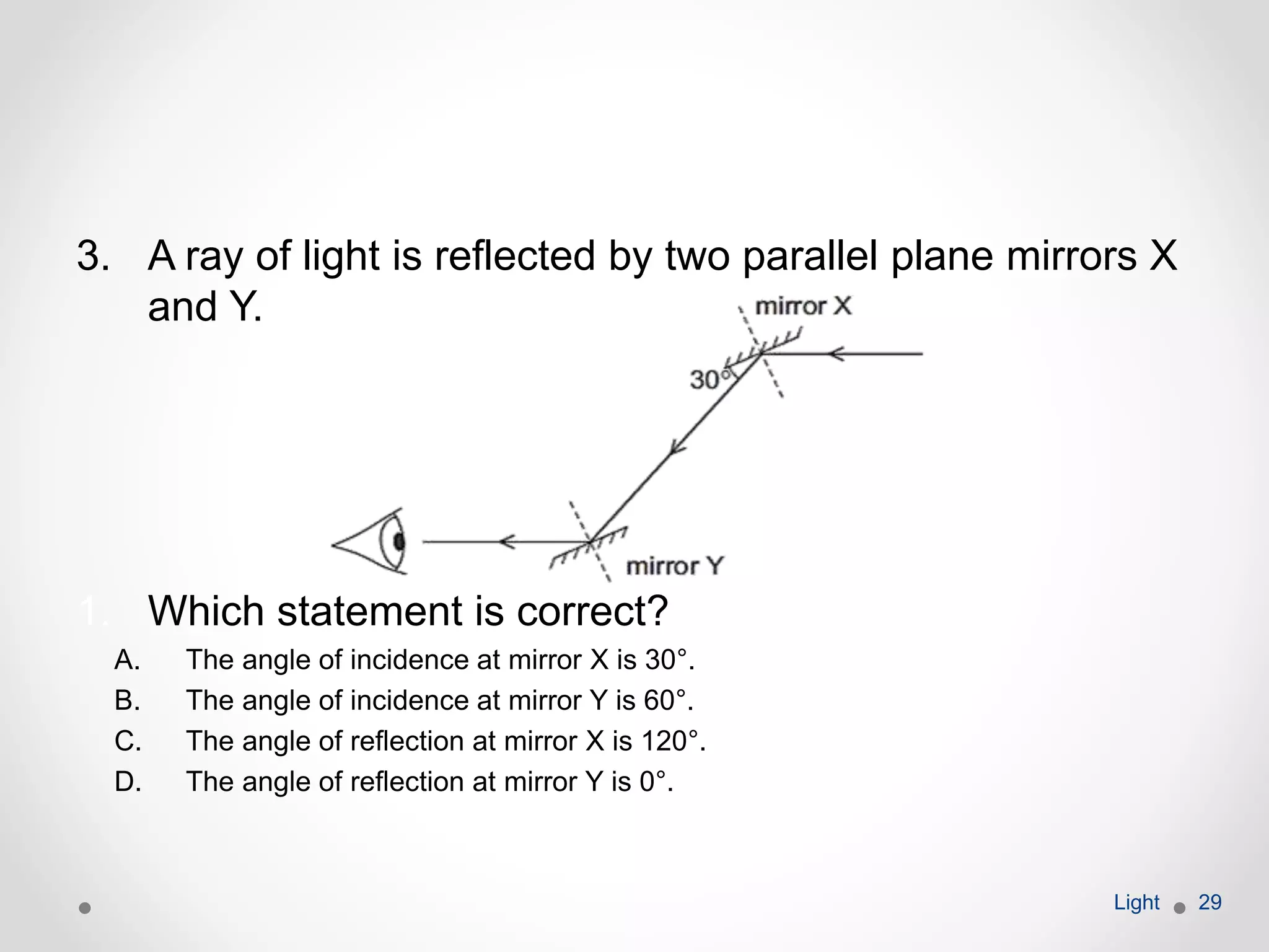 3. A ray of light is reflected by two parallel plane mirrors X
and Y.
1. Which statement is correct?
A. The angle of incidence at mirror X is 30°.
B. The angle of incidence at mirror Y is 60°.
C. The angle of reflection at mirror X is 120°.
D. The angle of reflection at mirror Y is 0°.
Light 29
 