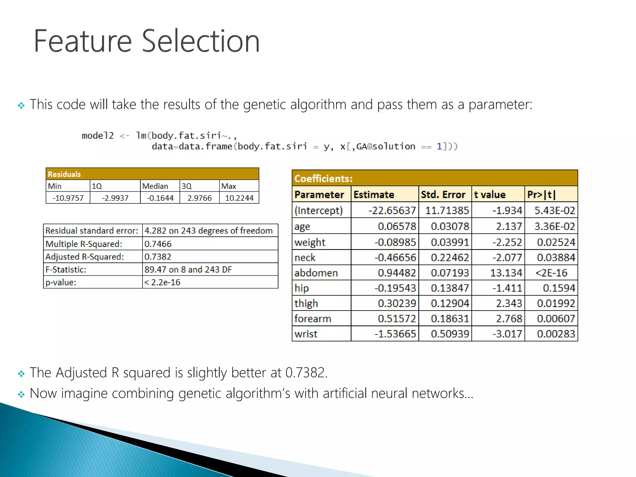  This code will take the results of the genetic algorithm and pass them as a parameter:
 The Adjusted R squared is slightly better at 0.7382.
 Now imagine combining genetic algorithm’s with artificial neural networks…
 