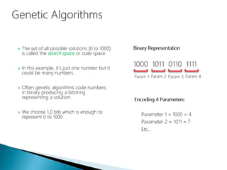  The set of all possible solutions [0 to 1000]
is called the search space or state space.
 In this example, it’s just one number but it
could be many numbers.
 Often genetic algorithms code numbers
in binary producing a bitstring
representing a solution.
 We choose 1,0 bits which is enough to
represent 0 to 1000
 