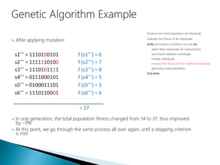  After applying mutation:
 In one generation, the total population fitness changed from 34 to 37, thus improved
by ~9%
 At this point, we go through the same process all over again, until a stopping criterion
is met
Produce an initial population of individuals
Evaluate the fitness of all individuals
while termination condition not met do
select fitter individuals for reproduction
recombine between individuals
mutate individuals
evaluate the fitness of the modified individuals
generate a new population
End while
 