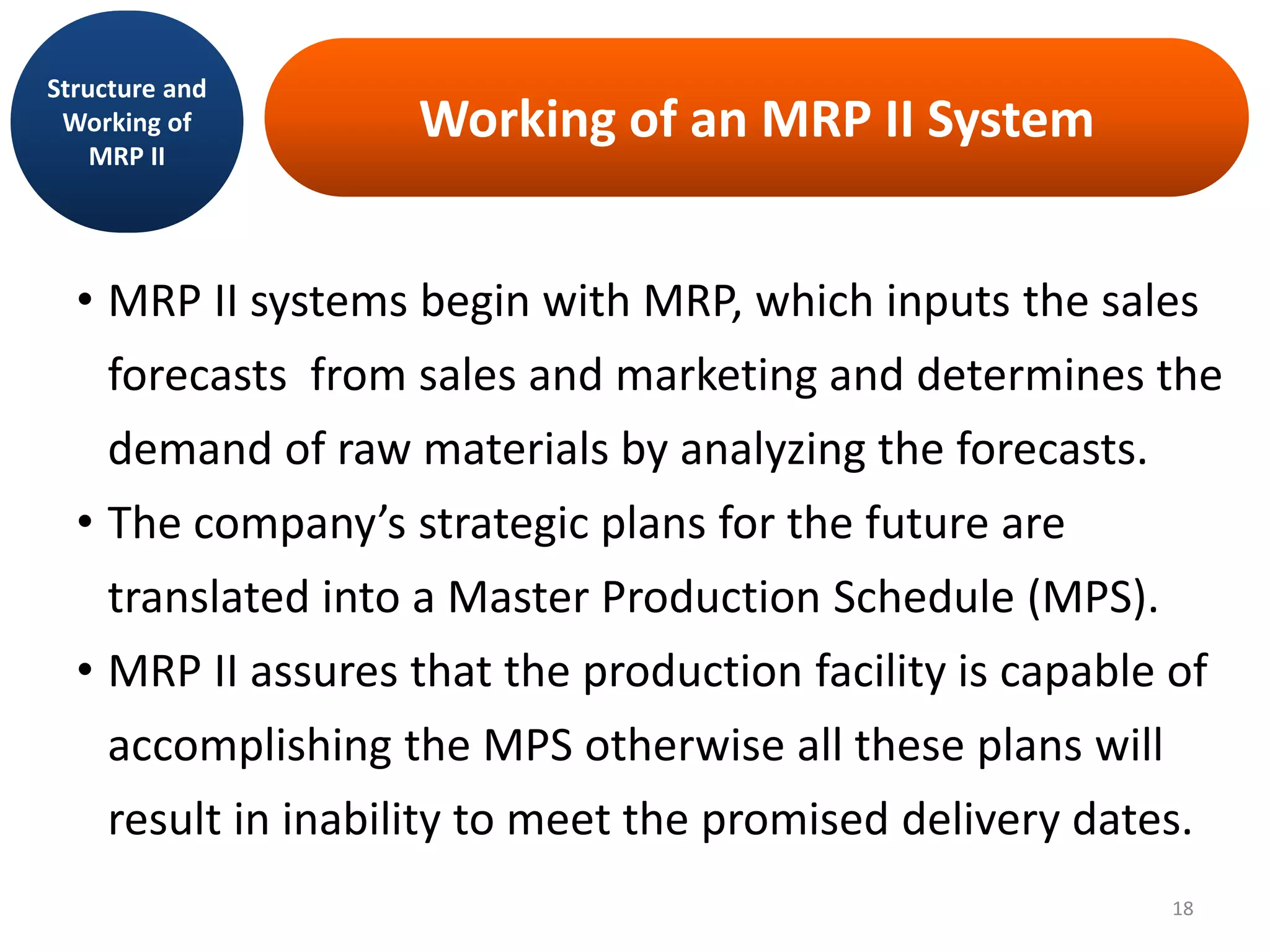 Working of an MRP II System
• MRP II systems begin with MRP, which inputs the sales
forecasts from sales and marketing and determines the
demand of raw materials by analyzing the forecasts.
• The company’s strategic plans for the future are
translated into a Master Production Schedule (MPS).
• MRP II assures that the production facility is capable of
accomplishing the MPS otherwise all these plans will
result in inability to meet the promised delivery dates.
Structure and
Working of
MRP II
18
 