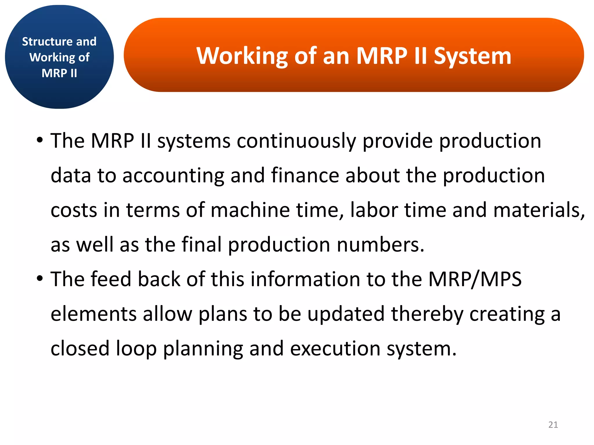 Working of an MRP II System
• The MRP II systems continuously provide production
data to accounting and finance about the production
costs in terms of machine time, labor time and materials,
as well as the final production numbers.
• The feed back of this information to the MRP/MPS
elements allow plans to be updated thereby creating a
closed loop planning and execution system.
Structure and
Working of
MRP II
21
 