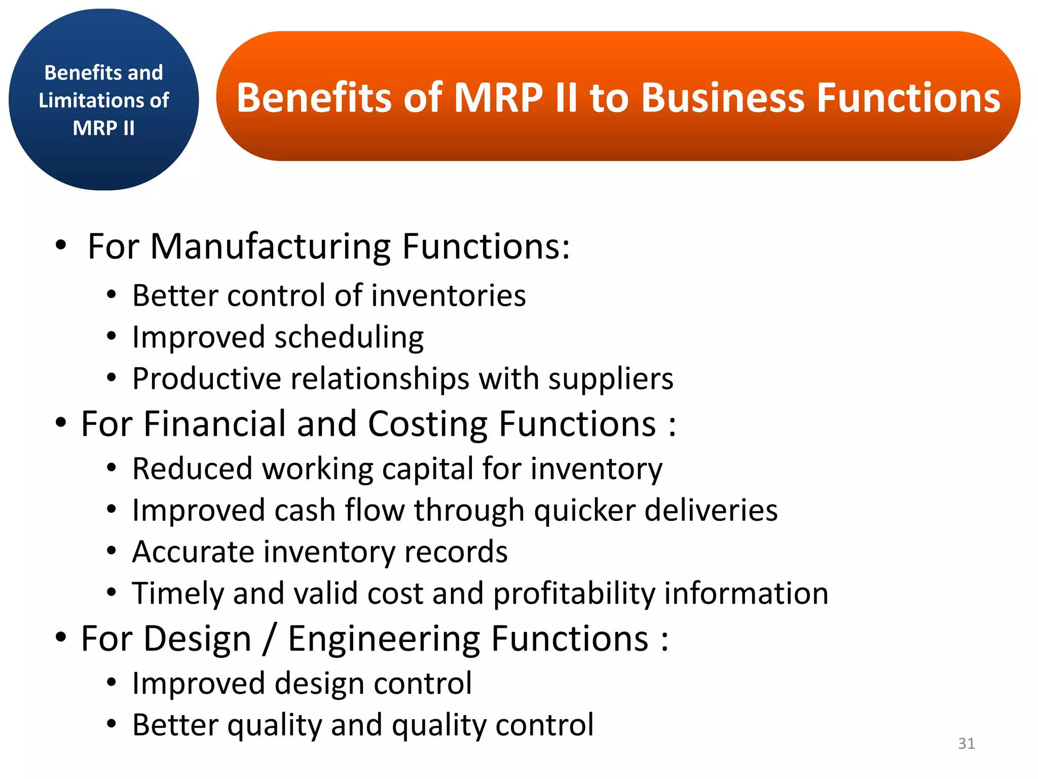Benefits of MRP II to Business Functions
• For Manufacturing Functions:
• Better control of inventories
• Improved scheduling
• Productive relationships with suppliers
• For Financial and Costing Functions :
• Reduced working capital for inventory
• Improved cash flow through quicker deliveries
• Accurate inventory records
• Timely and valid cost and profitability information
• For Design / Engineering Functions :
• Improved design control
• Better quality and quality control
Benefits and
Limitations of
MRP II
31
 