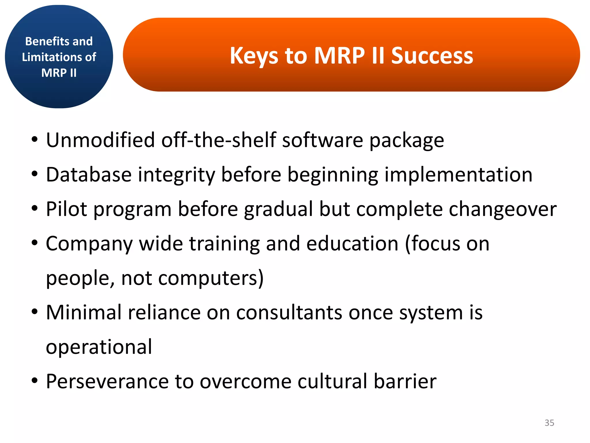 Keys to MRP II Success
• Unmodified off-the-shelf software package
• Database integrity before beginning implementation
• Pilot program before gradual but complete changeover
• Company wide training and education (focus on
people, not computers)
• Minimal reliance on consultants once system is
operational
• Perseverance to overcome cultural barrier
Benefits and
Limitations of
MRP II
35
 