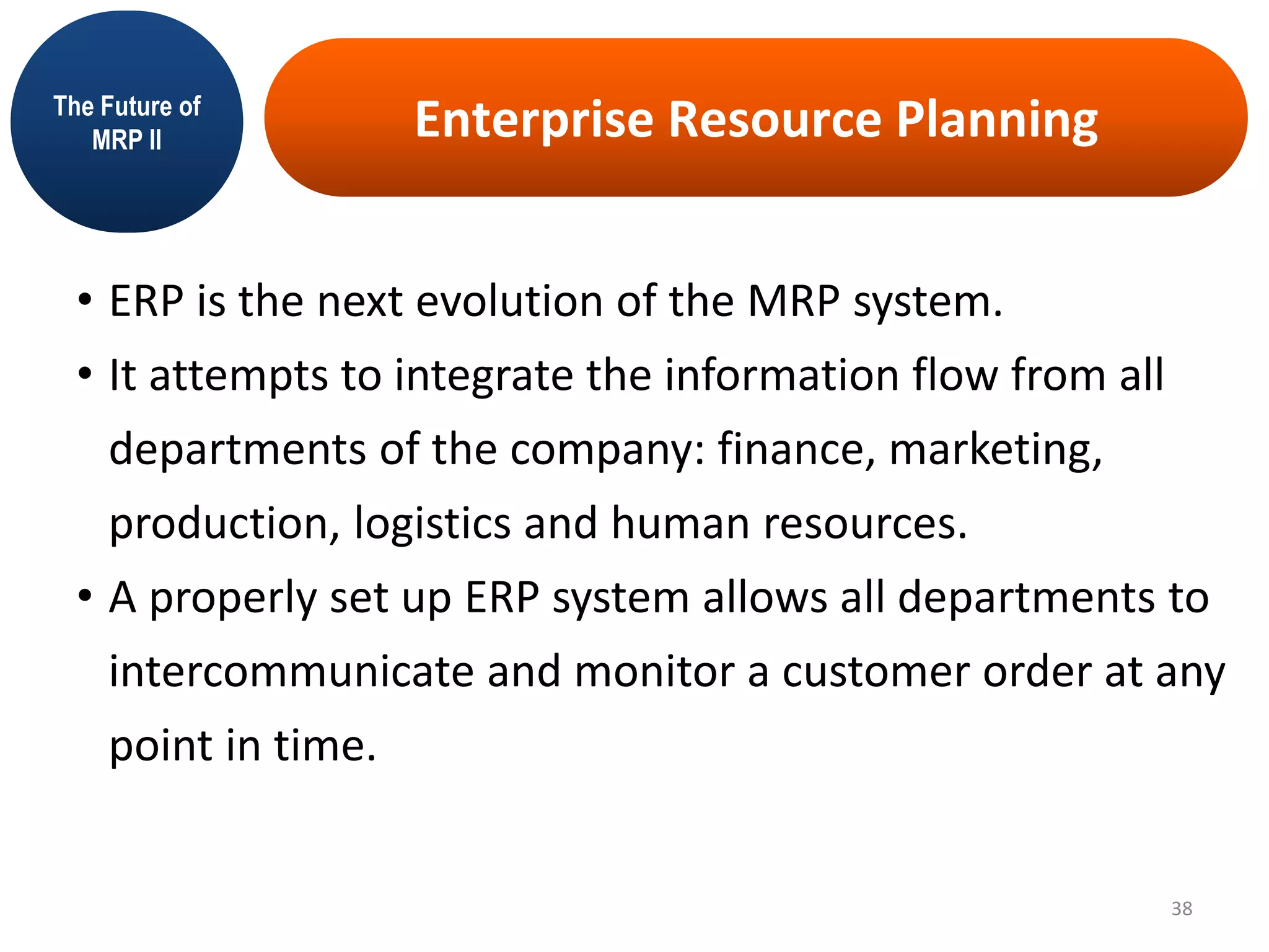 Enterprise Resource Planning
• ERP is the next evolution of the MRP system.
• It attempts to integrate the information flow from all
departments of the company: finance, marketing,
production, logistics and human resources.
• A properly set up ERP system allows all departments to
intercommunicate and monitor a customer order at any
point in time.
The Future of
MRP II
38
 